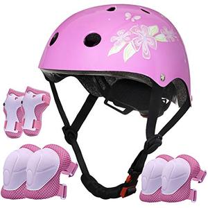 lot 25575 image: Lamsion Kids Helmet Adjustable Toddler Bike Helmet for Kids Ages Over 5 Years Old, Boys Girls Helmet with Protective Gear Knee Elbow Wrist Pads for Bicycle Skating Skateboard - (Pink - Flower)