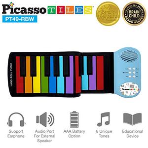 lot 25595 image: PicassoTiles PT49 Kids 49-Key Flexible Roll-Up Educational Electronic Digital Music Piano Keyboard w Recording Feature, 8 Different Tones, 6 Educational Demo Songs & Build-in Speaker - Rainbow