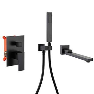 lot 25604 image: Wall Mounted Bathtub Faucet with Hand Shower Matte Black, Wall Mount Tub Filler Faucet Solid Brass, 180° Swivel Tub Spout with cUPC Certified- DEOLER