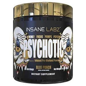 lot 25676 image: Insane Labz Psychotic Gold, High Stimulant Pre Workout Powder, Extreme Lasting Energy, Focus, Pumps and Endurance with Beta Alanine, DMAE Bitartrate, Citrulline, NO Booster, 35 Srvgs, Blue Punch