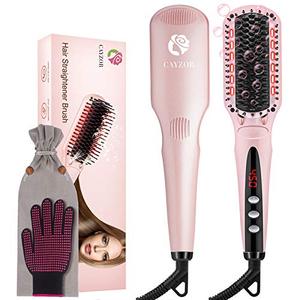 lot 25712 image: Cayzor Ionic Hair Straightener Brush - Professional Ceramic Hair Straightening Brush Hot Comb with Dual Ionic Generator 16 Temp Settings (170-450°F) MCH Fast Heating Anti-Scald & Auto Temp Lock (Pink)