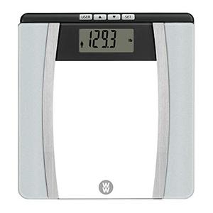 lot 25734 image: WW Scales by Conair Body Analysis Glass Bathroom Scale, Measures Body Fat, Body Water, Bone Mass & BMI, 4 User Memory, 400 Lbs. Capacity
