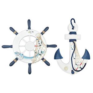 lot 25742 image: Meching Nautical Decor 2 Pack 13 Wooden Ship Wheel and Wood Anchor with Rope Nautical Boat Steering Rudder Wall Decor Door Hanging Ornament