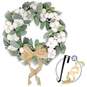 lot 25110 image: TwistedTwine Lambs Ear Cotton Wreath - 15 Handmade Farmhouse Decor Includes Storage Gift Box, Wreath Hanger, Removable Burlap Bow, & Extra Ribbon