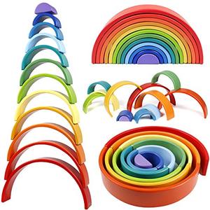 lot 25114 image: Lewo 12 PCS Wooden Rainbow Stacker Extra Large Stacking Game Nesting Puzzle Building Blocks Educational Toys for Kids Baby Toddlers