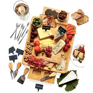 lot 25120 image: Frux Cheese Board and Knife Set 14.5x13x2 Inch Wood Charcuterie Platter for Wine, Cheese, Meat with 2 Hidden Drawers, 6 Appetizer Forks, 6 Slate Labels, 4 Stainless Steel Knives and 2 Ceramic Bowls