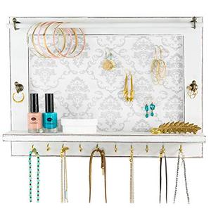 lot 25727 image: Distressed White Jewelry Organizer Wall Mounted  Unique Design  Made of Solid Wood  Unique Tulle Netting for Earrings  Removable Bracelet Rod & Hooks  Shelf for Accessories  2 Variations