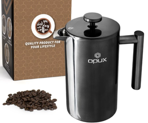 lot 25311 image: OPUX Heavy Grade French Press, Stainless Steel Insulated Press Pot with 4-Layer Filter System, Rust-Free, Dishwasher Safe, 100% No Grounds in Coffee, Includes 2 Extra Filters (Black)