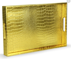 lot 25469 image: Beautiful Modern Elegant Gold 18x12 Rectangle Glossy Alligator Decorative Ottoman Coffee Table Perfume Living Dining Room Kitchen Serving Tray With Handles By Home Redefined For All Occasions