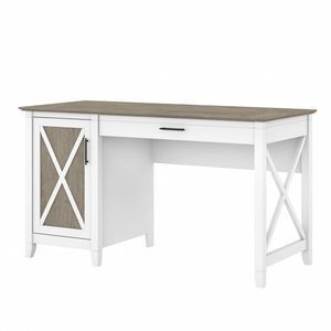 lot 22331 image: Bush Furniture Key West 54W Computer Desk With Keyboard Tray And Storage, Shiplap GrayPure White