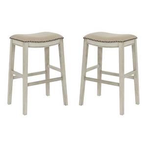 lot 22344 image: OSP Home Furnishings 30 Inch Bar Height Saddle Stools in Fabric Seat and Antique Base, 2 Pack- Retail$151.49