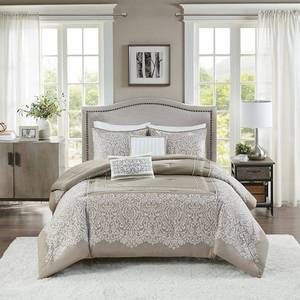 lot 22357 image: KingCalifornia King Evianna 5 Piece Cotton Jacquard Comforter Set - Taupe