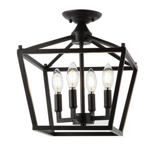 lot 22418 image: JONATHAN Y Plains Mini Lantern 12 in. 4-Light Oil Rubbed Bronze Iron Modern Farmhouse LED Flush Mount