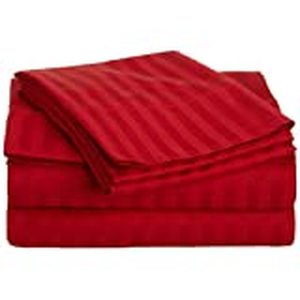 lot 22430 image: Egyptian Cotton 300 Thread Count, Full 4-Piece Bed Sheet Set, Deep Pocket, Single Ply, Sateen Stripe, Red