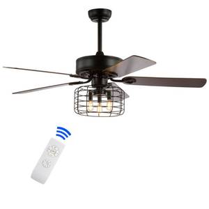 lot 22467 image: Asher 52 3-Light Industrial MetalWood LED Ceiling Fan With Remote, Forged Black by JONATHAN Y
