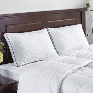 lot 22534 image: 2 Pack Firm Gusseted Goose Down Fill Point Embroidered Bed Pillows - White- Retail$92.99