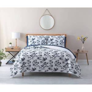 lot 22540 image: FullQueen 3pc Floral Quilt Set WhiteBlue - Avery Homegrown