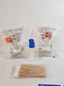 lot 2015 image: Two Corning 250mL Erlenmeyer Flasks. Three Measuring Tubes. Package of arts and Crafts Swabs.
