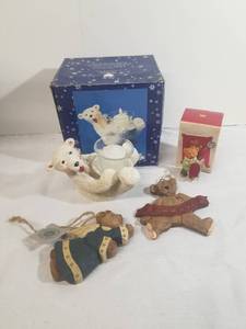 lot 2022 image: Three Christmas Bear Ornaments. One Christmas Bear Candle Holder.