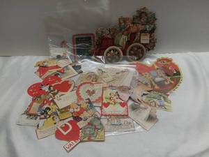 lot 3023 image: Small Lot of Vintage Valentines Day Cards - Wagon Card, Lion, Little Angels and other Characters on Cards