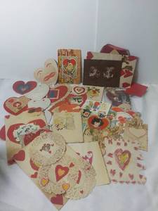 lot 3024 image: Small Lot of Vintage and Homemade Valentines Day Cards - Homemade Heart Cut Outs, Little Angels Working, Santa Card