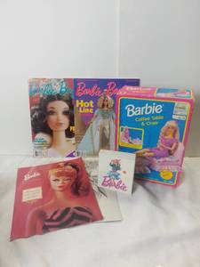 lot 3039 image: Small Lot of Mattel Barbie Items - Unopened Barbie Coffee Table & Chair, Barbie Bazaar Magazines and a Small Barbie Book