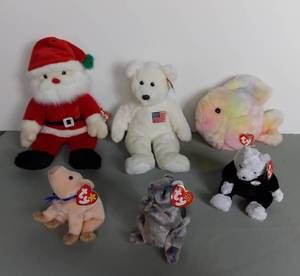 lot 4000 image: Lot of 6 Beany Babies - Santa Original Buddy 2000 - Liberty Bell Original Buddy 2000 - Coral Original Buddy 2000 - Knuckles 1999 - Cheddar 2002 - Groom 2002
