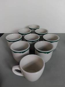 lot 4018 image: Set of 8 Sterling Vitrified China USA Ceramic Tea Mugs Cups With Green Rim - 1 White Coffee Mug