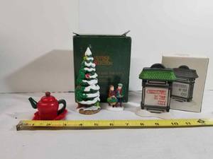 lot 2037 image: Lot of Cute Christmas Decor. Christmas In The City Audreys Hallmark. Heritage Village Collection The Holly and The Ivy. And Small Tea Pot.