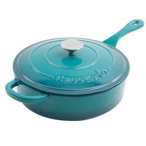 lot 13405 image: Crock Pot 112013.02 Artisan 3.5 Quart Enameled Cast Iron Pan and Lid, Teal Ombre Retail $79.96