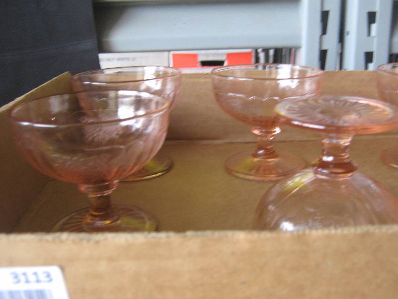 lot 3113 image: 6 ct. lot Pink Depression Glass Open Rose Pattern Sorbet cups