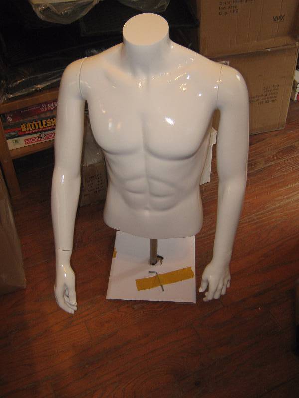 lot 3158 image: VMX Visual Merchandise Xperts MT9G (Malel 2 Torso) High Gloss White Mannequin torso with arms and hands, metal base stand included