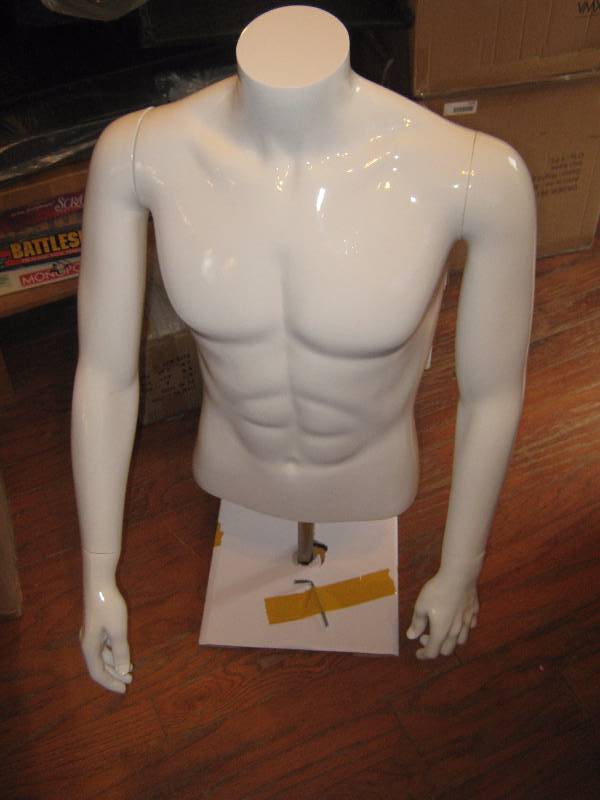 lot 3159 image: VMX Visual Merchandise Xperts MT9G (Malel 2 Torso) High Gloss White Mannequin torso with arms and hands, metal base stand included
