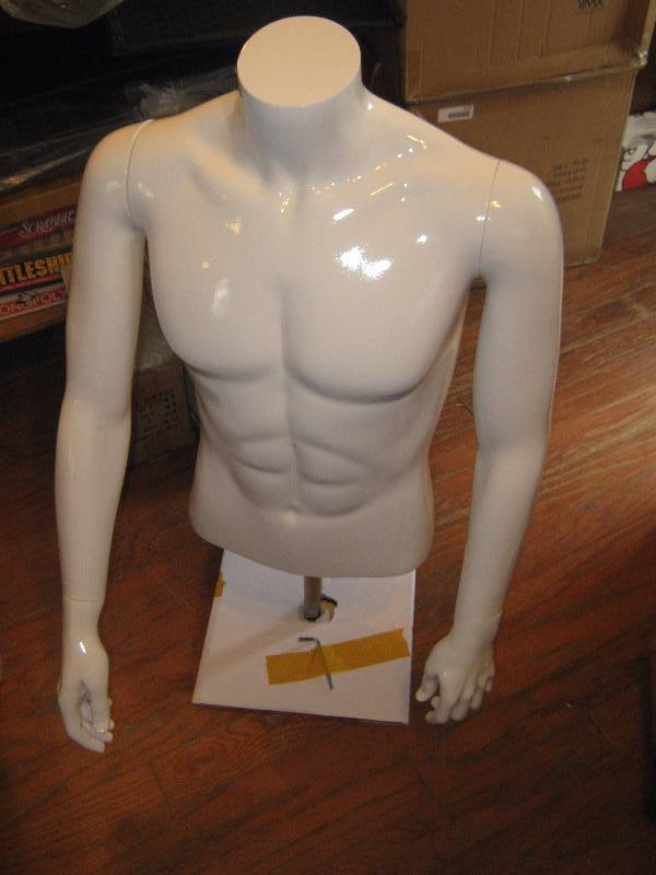 lot 3160 image: VMX Visual Merchandise Xperts MT9G (Malel 2 Torso) High Gloss White Mannequin torso with arms and hands, metal base stand included