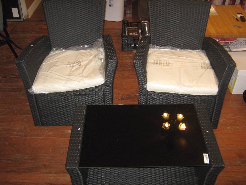 lot 3161 image: Patio Set 2 plastic wicker chairs and glass top table