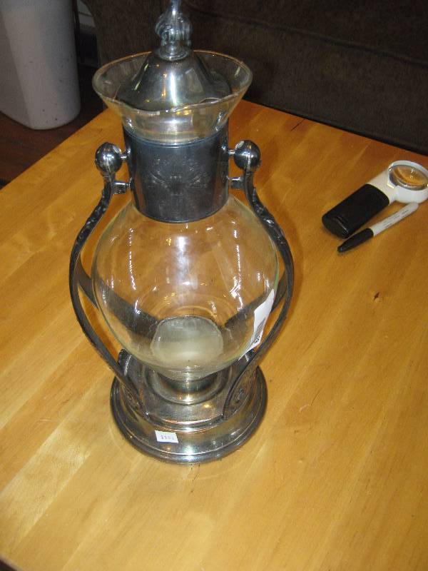 lot 3229 image: vintage coffee  tea carafe on warming stand silver color 14 tall