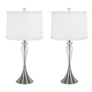 lot 6236 image: 28.25 Crystal Table Lamp W Brushed Nickel Finish W White Linen Drum Shades- Retail$131.49