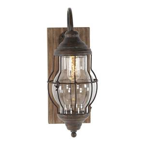 lot 6248 image: Decmode Farmhouse 17 inch Brown Iron and wood LED Wall Sconce, Battery Powered