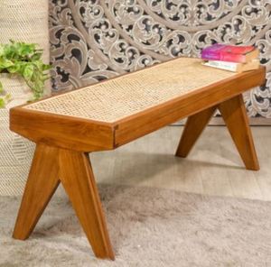 lot 6017 image: Eiffel Teak Wood Bench with Cane Seats, Weaved 47 14L