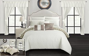 lot 25383 image: Chic Home Comforter Set Reversible Geometric Quilted Design with Decorative Pillow - Queen Size - Beige