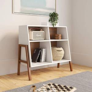 lot 47364 image: Nathan James Telos Glossy White and Brown 4-Cube Storage Organizer Open Shelves and Angled Design Cubby Shelf