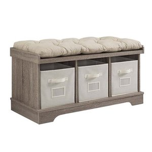 lot 47390 image: 3 Tote Cubby Storage Bench in Driftwood with Cushion