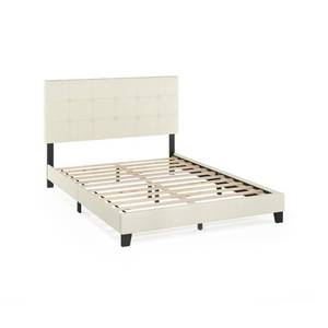 lot 47412 image: Furinno Laval Button Tufted Bed Frame, 12PC Slat Style, Linen, Queen