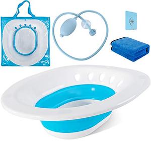 lot 24608 image: Sitz Bath for Toilet Hemorrhoids Postpartum Care, Perineal Soaking Bath Over The Toilet Seat, Collapsible Sitz Basin with Flusher for Vaginal Anal Inflammation Treatment, Yoni Steam Seat, WhiteBlue