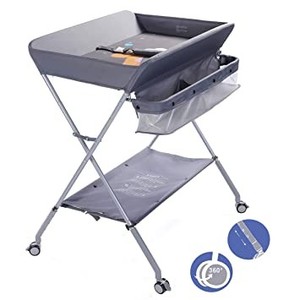 lot 47077 image: EGREE Baby Portable & Folding Changing Table with Wheels, Adjustable Height, Mobile Nursery Organizer with Safety Belt & Large Storage Racks for Newborn Baby & Infant - Gray