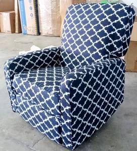 lot 47398 image: NEW - JC Home Menet Swivel Glider Recliner - Moroccan-Style Quatrefoil Pattern in Contrasting White & Navy - Fabric Upholstery