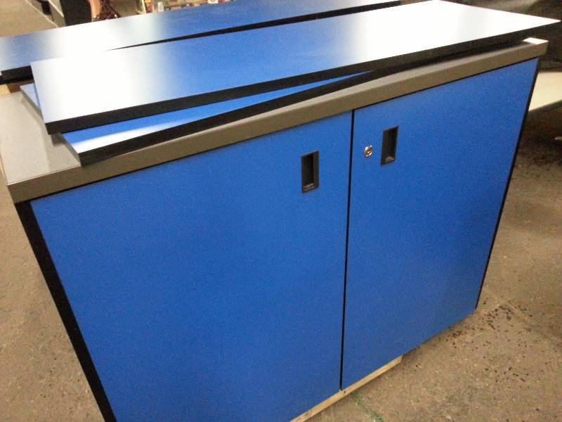 lot 1489 image: Single HD Blue wood double door 46 wide X17 deep and 35 tall cabinet with 2 shelves included.