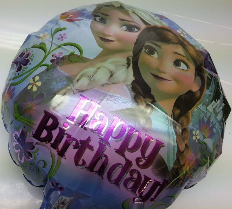 lot 9001 image: Full package of 5 Frozen Happy Birthday Balloons with Anna & Elsa Princess 17 round Mylar Foil licensed.