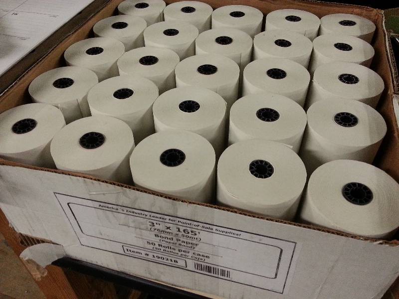 lot 1546 image: Box of 50 (I believe this one is full) 3 wide adding machine calculator receipt paper