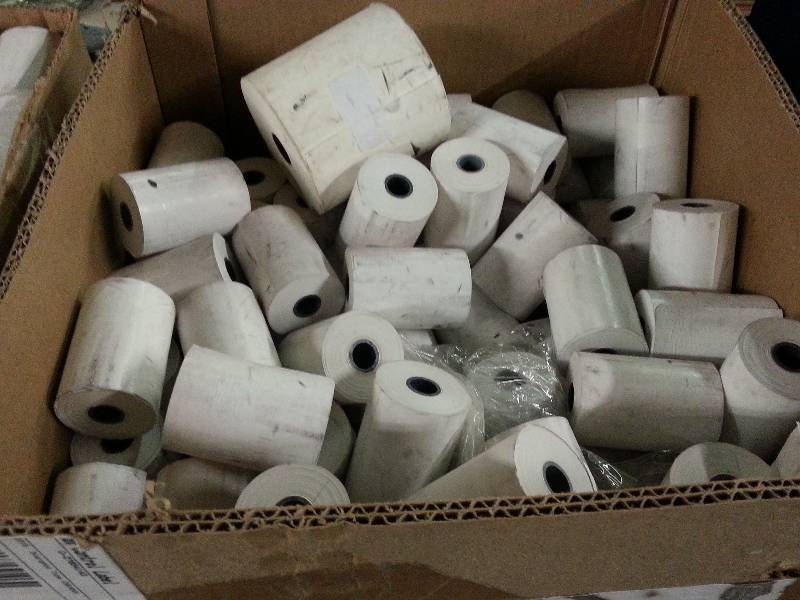 lot 1549 image: Box of assorted adding machine calculator receipt thermal paper